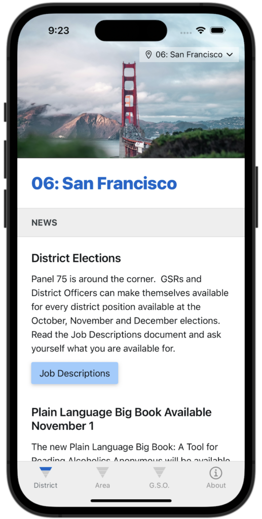 Screenshot of the General Service App home screen showing District 06: San Francisco news